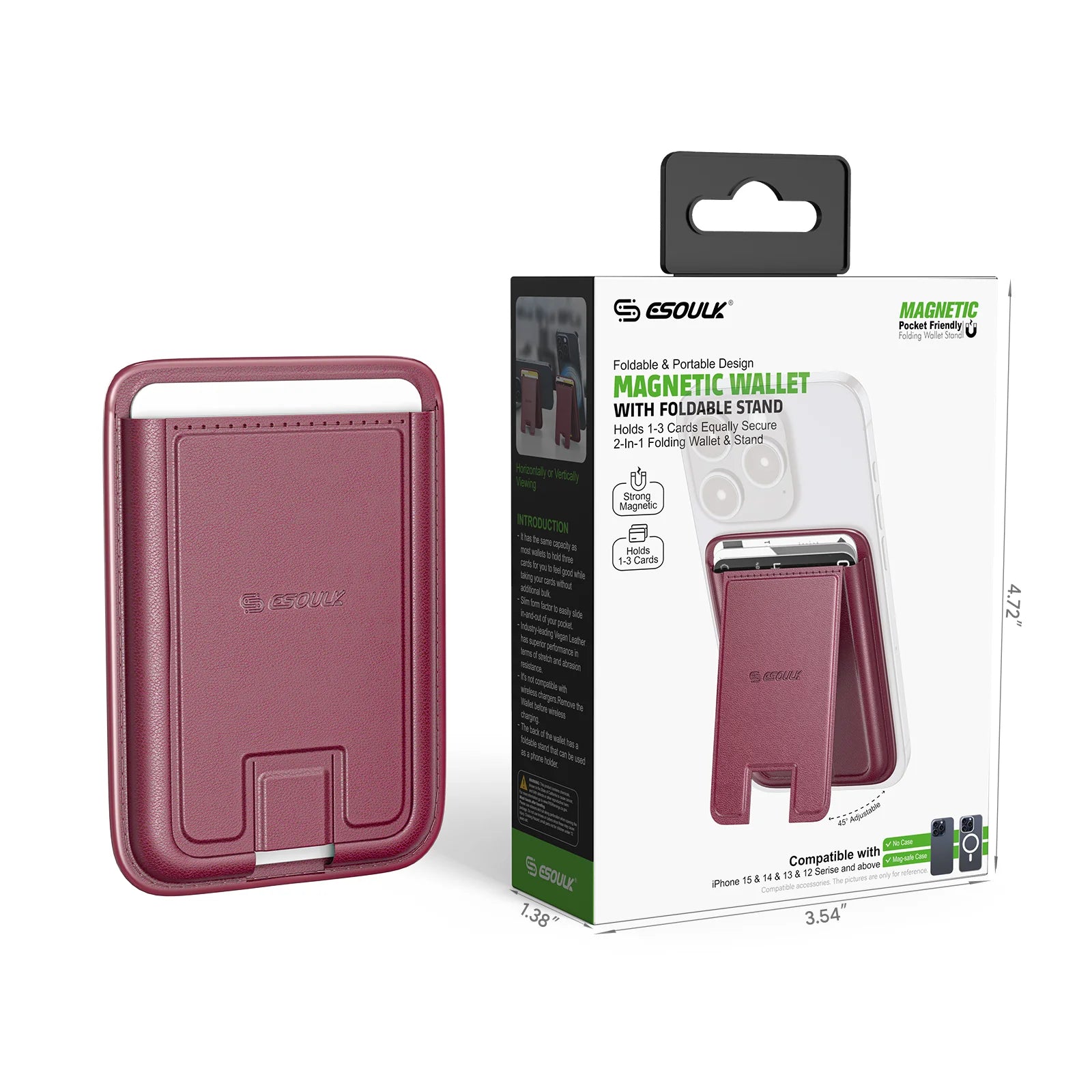 Product image of an eSOUK Magnetic Wallet with Foldable Stand in maroon, showcasing its 1-3 card capacity and iPhone 15-12 series compatibility on its retail packaging