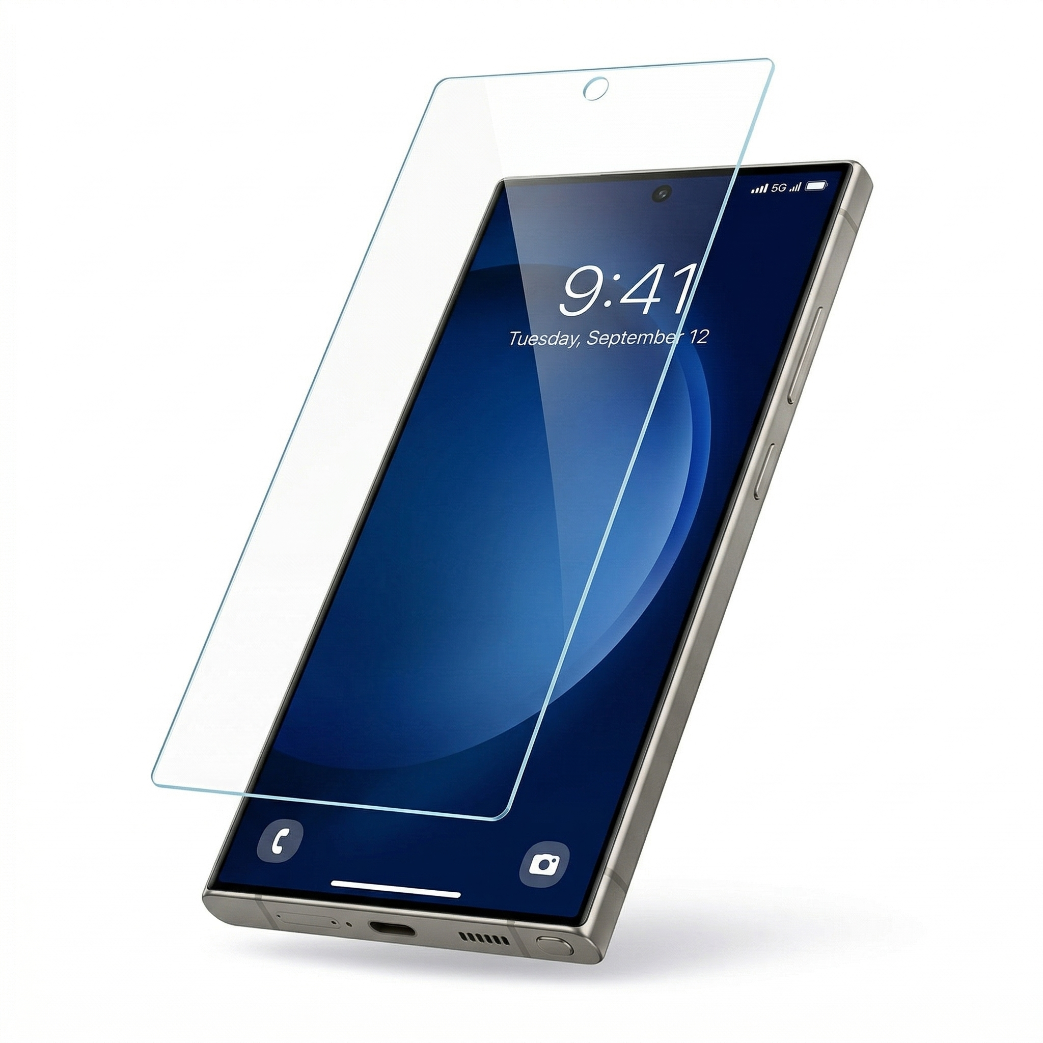 Product photograph: A silver-grey smartphone displaying 9:41 on a dark blue screen with call and camera icons, angled on a white background with a clear screen protector hovering above, revealing a front camera cutout and 5G signal
