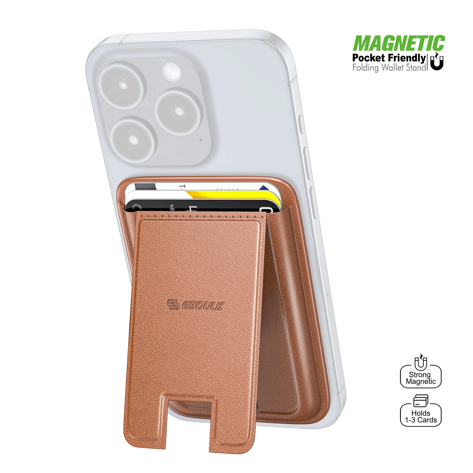 Digital photograph of a white smartphone featuring a brown ESOUUK magnetic folding wallet stand on its back, shown open to hold cards and displaying a textured leather-like finish