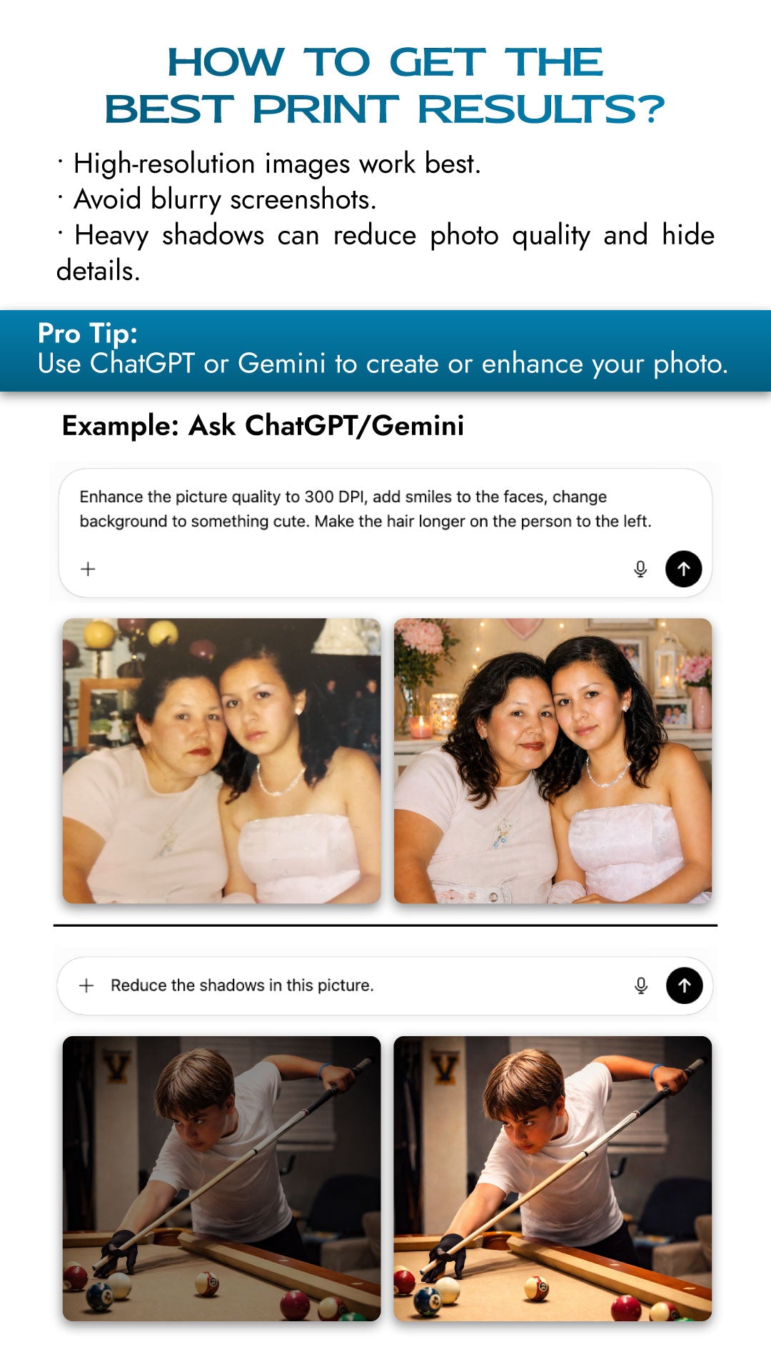 Instructions on how to get the best print results with images, including tips for resolution, shadows, and using AI tools.
