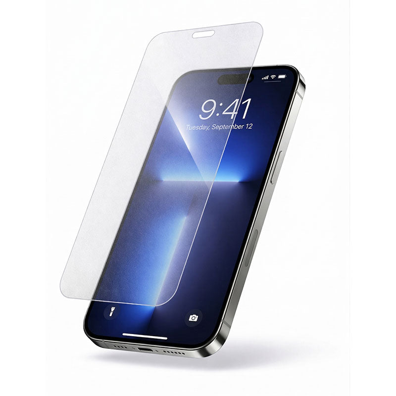 Digital product image of a metallic silver iPhone 15 Pro with a glowing blue digital wallpaper displaying 9:41 Tuesday September 12 and a clear screen protector positioned above it against a clean white background