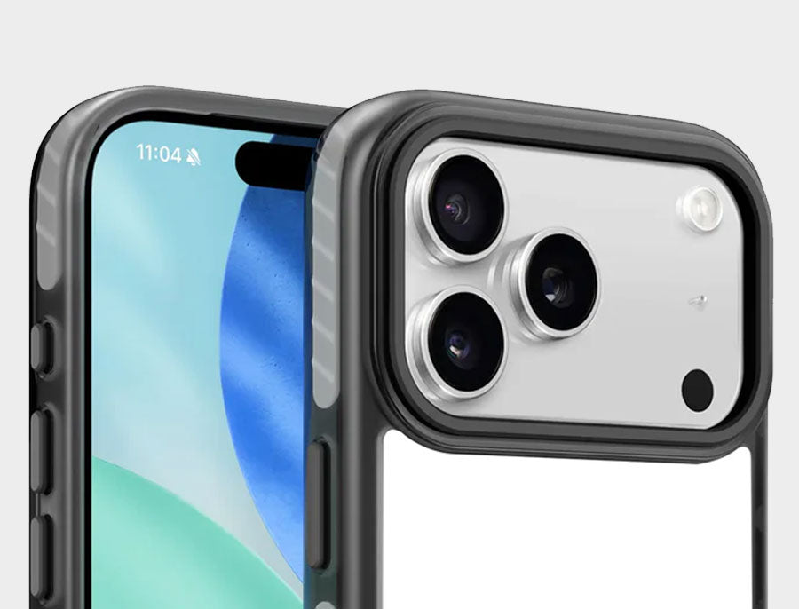 Phone case with a clear view of the phone's screen and camera setup on a light gray background