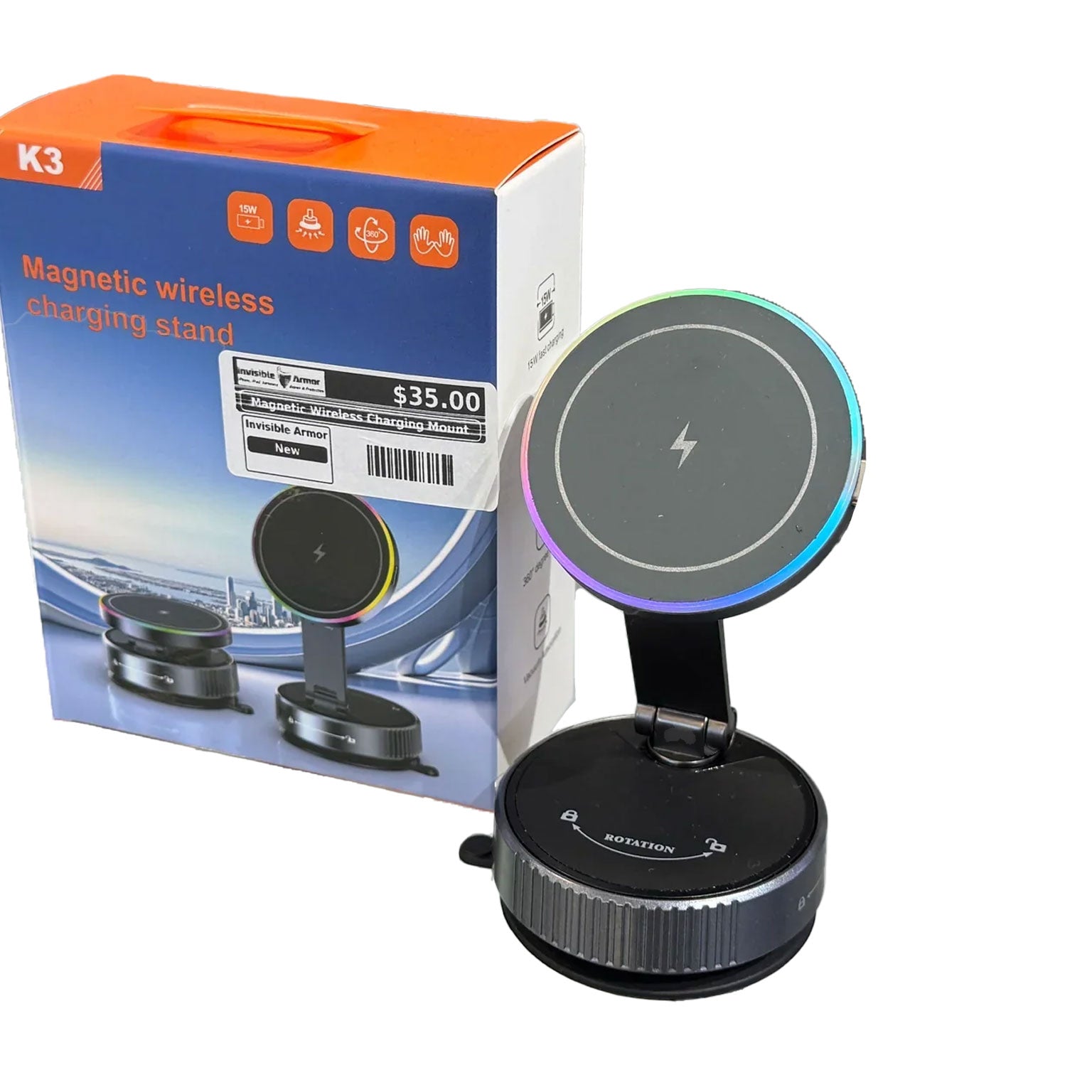 Magnetic wireless charging stand with packaging on a white background