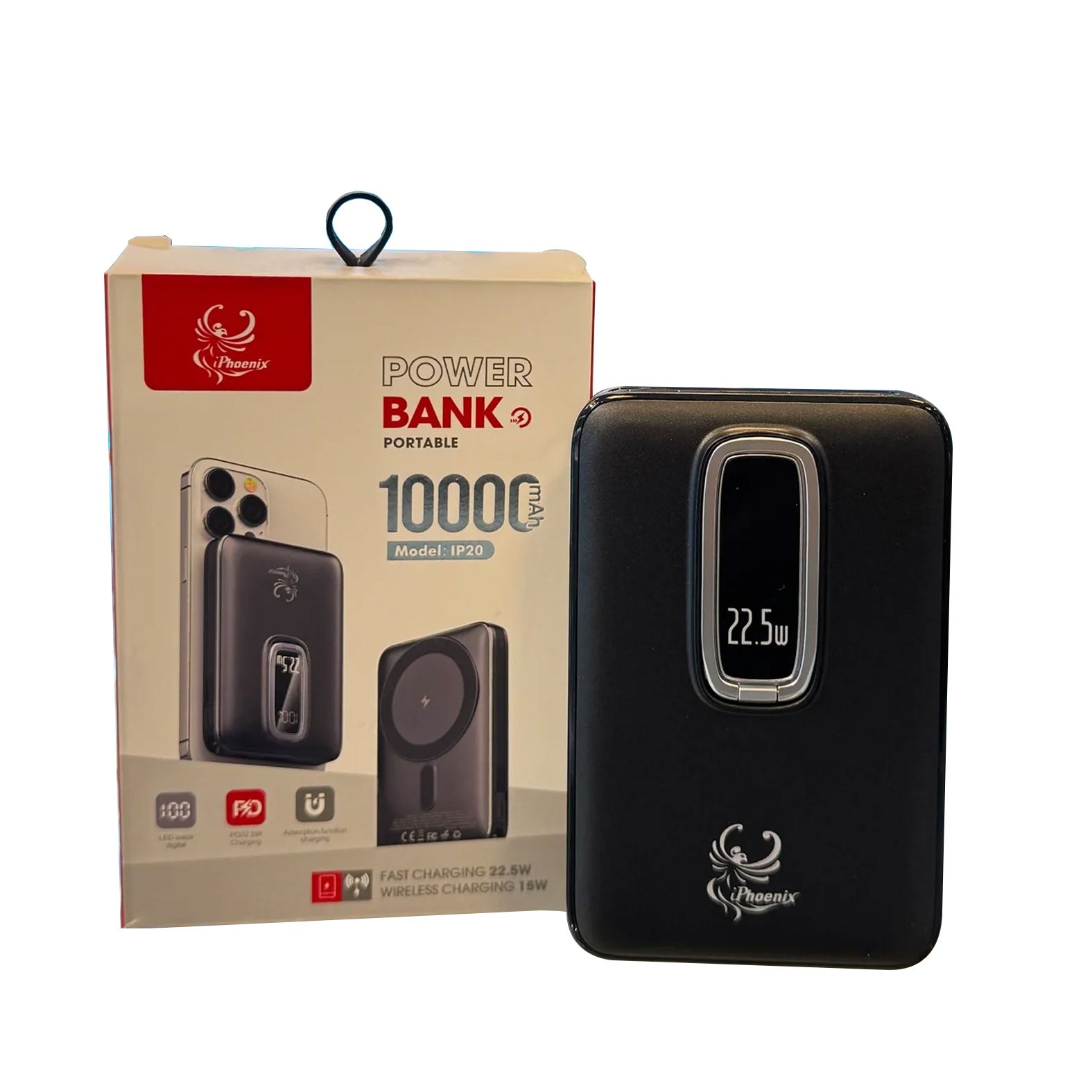 Black power bank with digital display next to its packaging on a white background