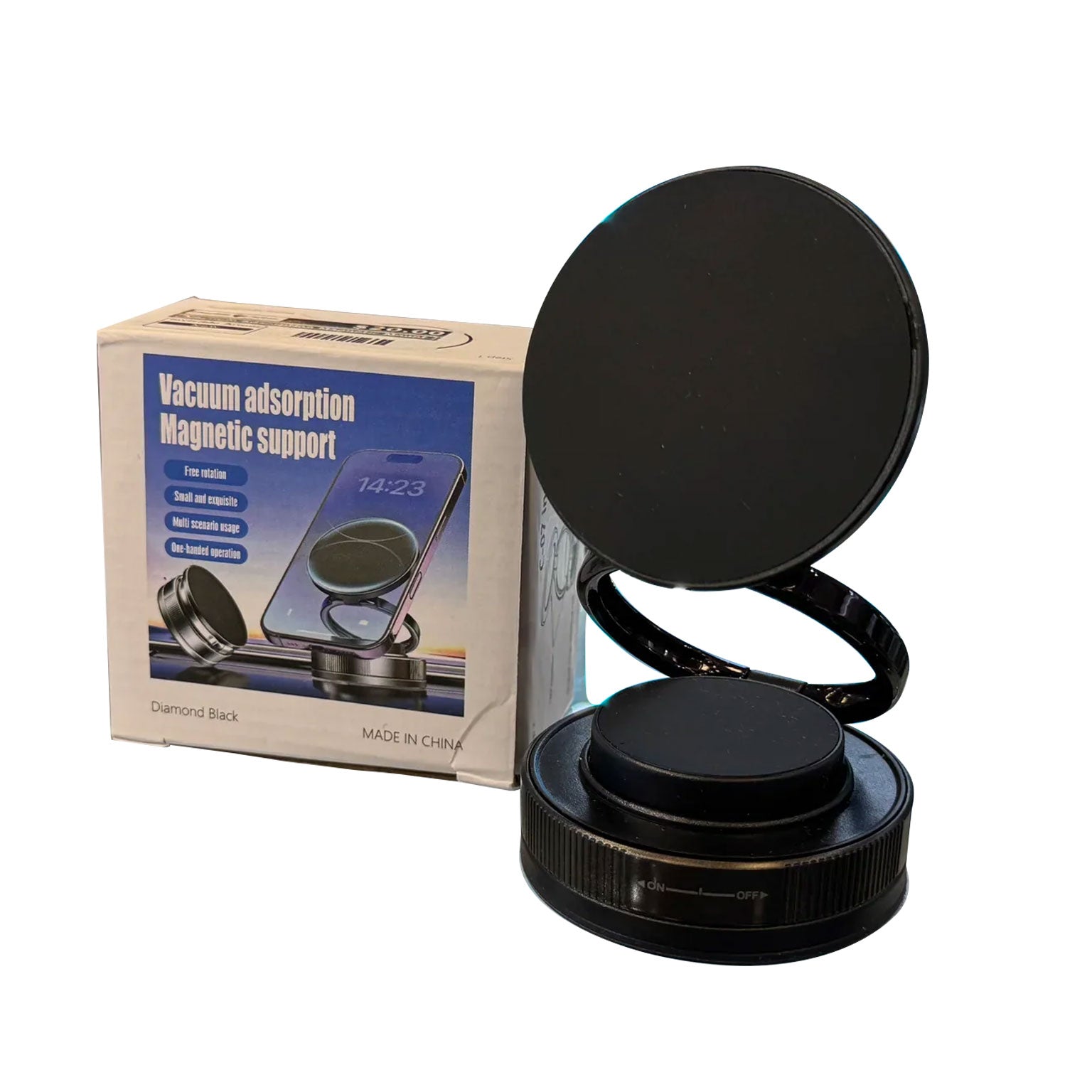 Black magnetic support with packaging on a white background