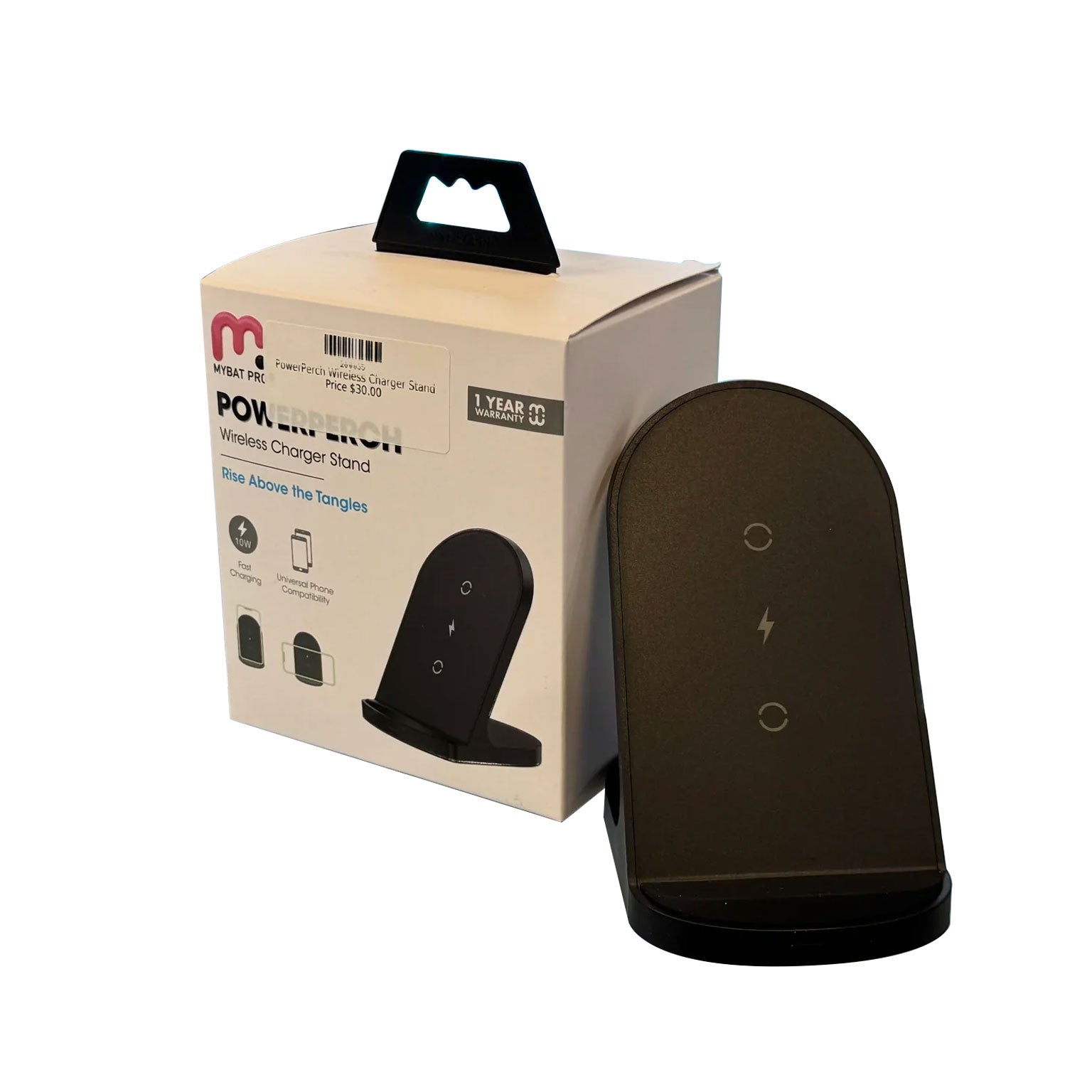 Black wireless charging pad next to its packaging on a white background