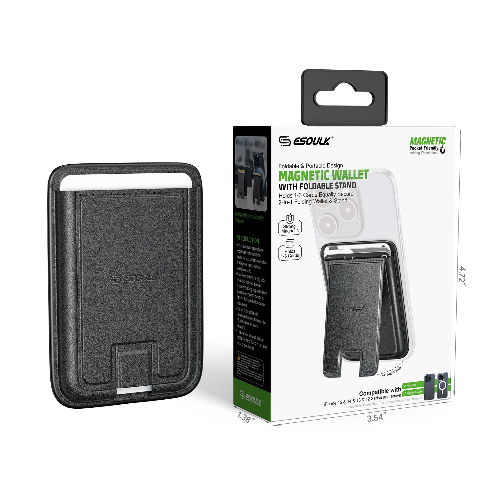 ESOULK product image of a black textured magnetic wallet with a foldable stand, presented next to its white and green packaging illustrating the wallet attached to a white iPhone 15 in stand mode and noting its 1-3 card capacity
