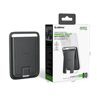 ESOULK product image of a black textured magnetic wallet with a foldable stand, presented next to its white and green packaging illustrating the wallet attached to a white iPhone 15 in stand mode and noting its 1-3 card capacity