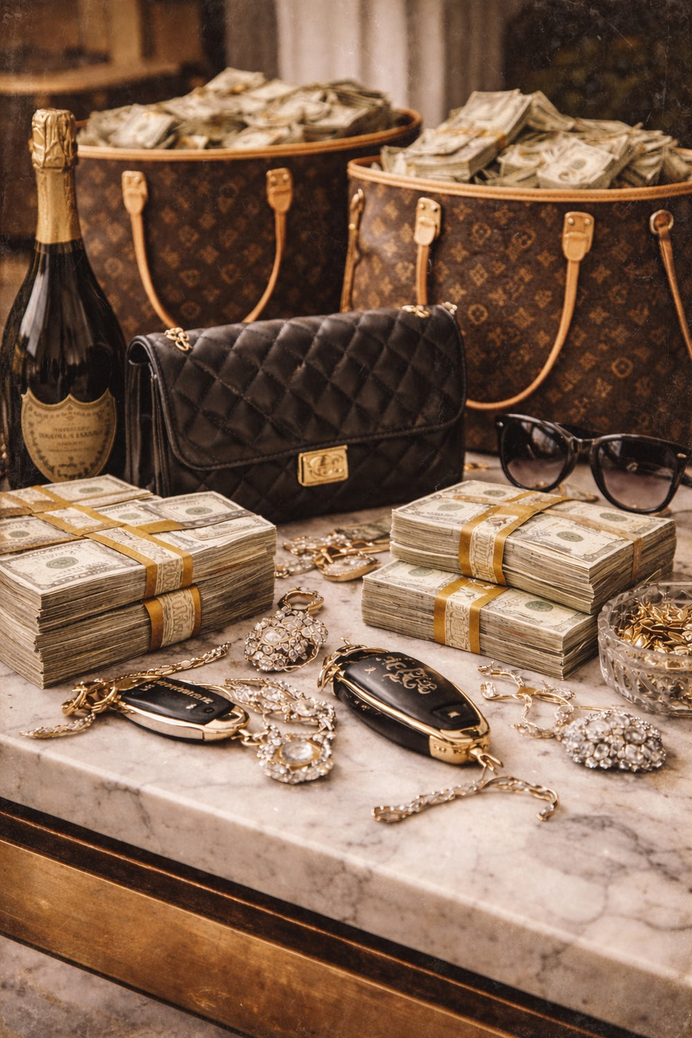 Luxury items including handbags, money, and jewelry on a marble surface.