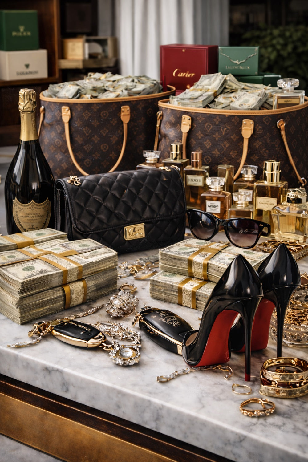 Luxury items including high heels, jewelry, and cash on a marble surface with Louis Vuitton bags in the background.