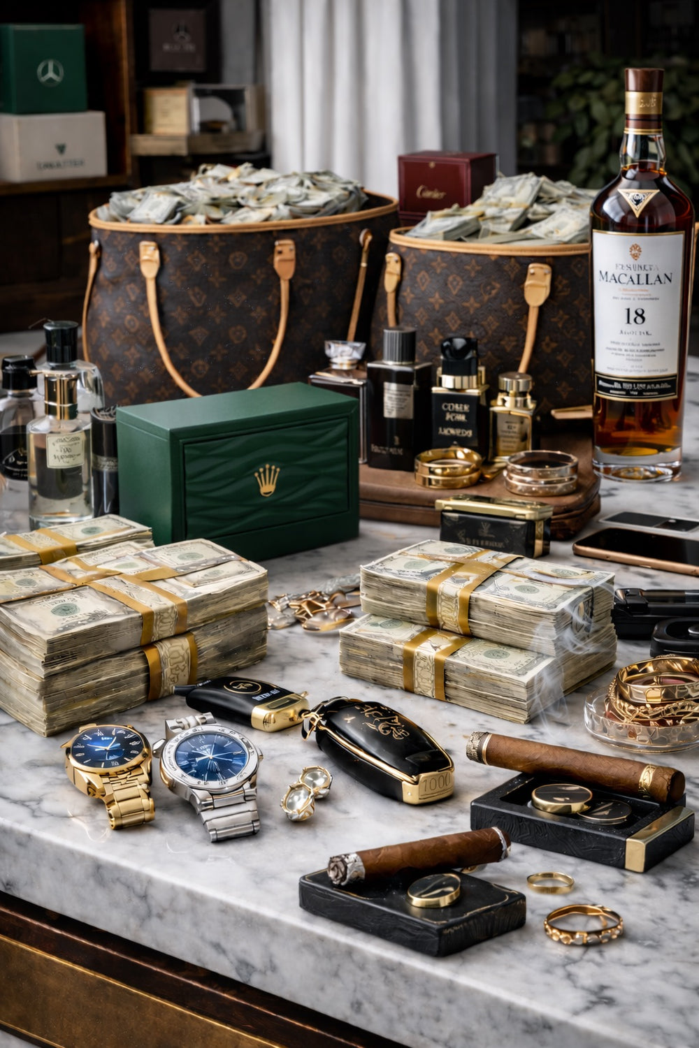Luxury items including watches, jewelry, and a bottle of Macallan whisky on a marble surface.