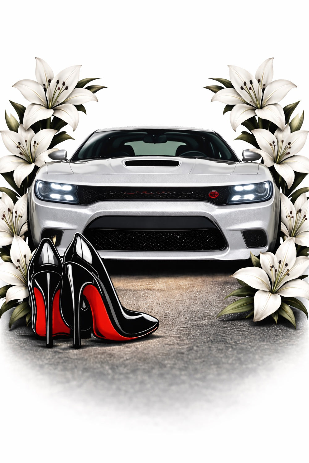 White car with high-heeled shoes and white flowers on a white background