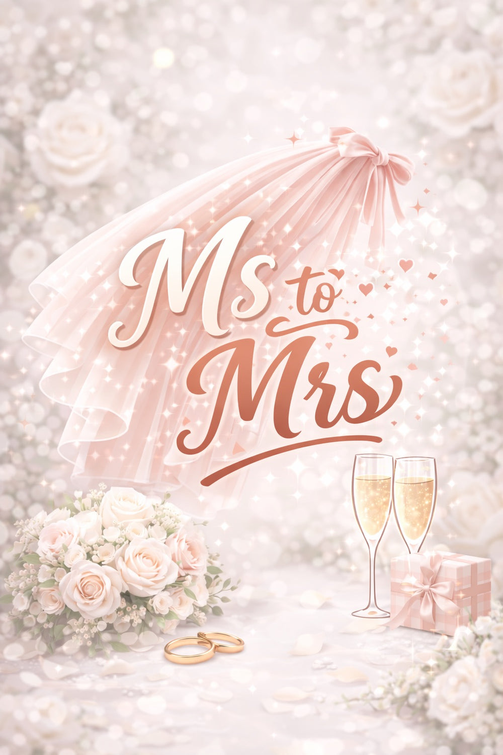 Decorative card with 'Ms to Mrs' text, flowers, champagne glasses, and rings on a soft background.