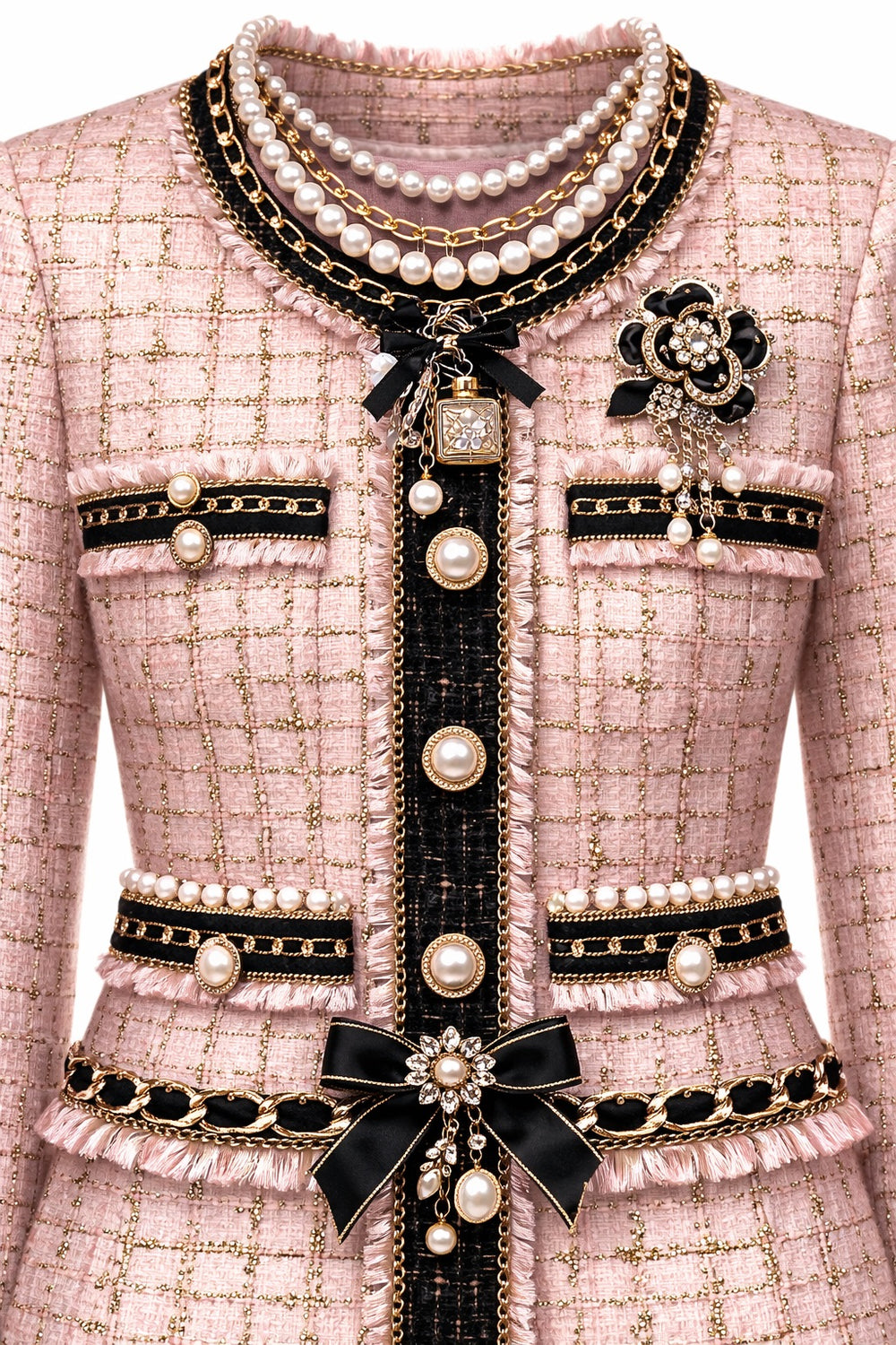 Pink tweed jacket with black and gold embellishments including pearls and brooches.