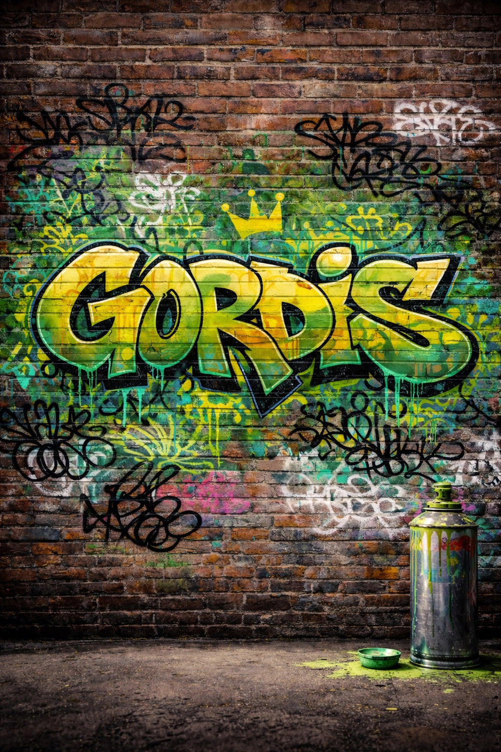 Graffiti on a brick wall with a can of spray paint in the foreground.