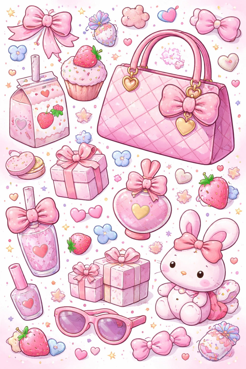 Collection of pink and pastel items including a handbag, bow, and teddy bear on a colorful background.