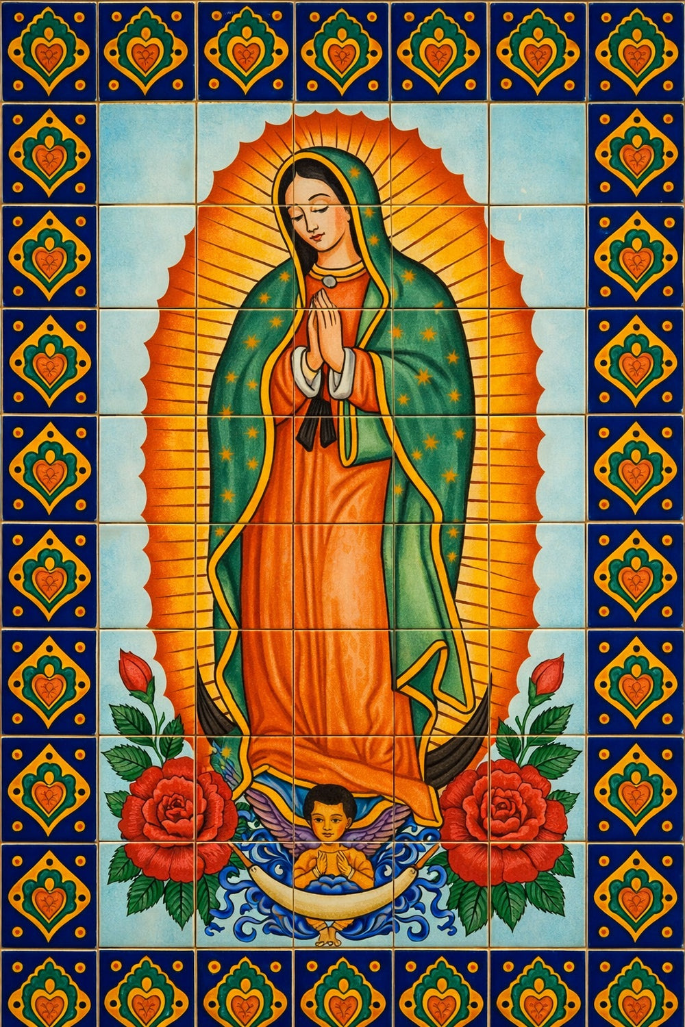 Mural of a religious figure with decorative border and flowers