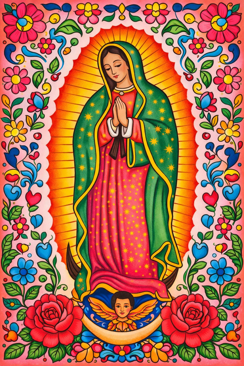 Colorful depiction of a religious figure surrounded by flowers and decorative elements