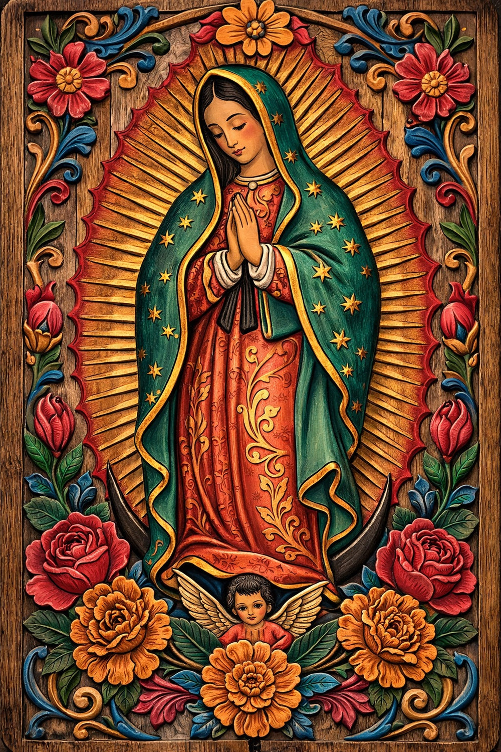 Decorative artwork of a religious figure surrounded by flowers and intricate patterns