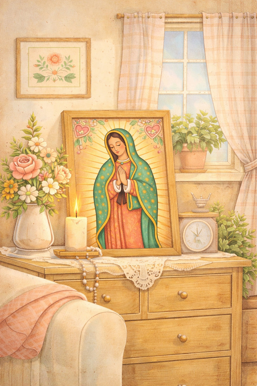 Framed religious artwork on a dresser with flowers and a candle.