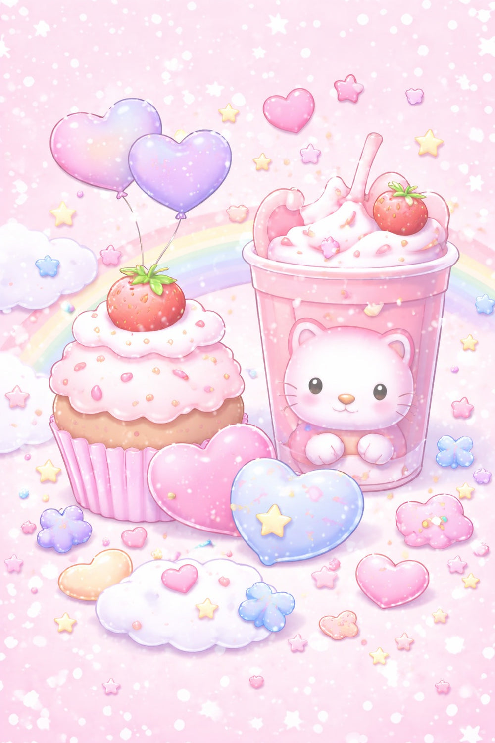 Cute illustration of a cupcake, milkshake with a bear character, and colorful hearts on a pink background.