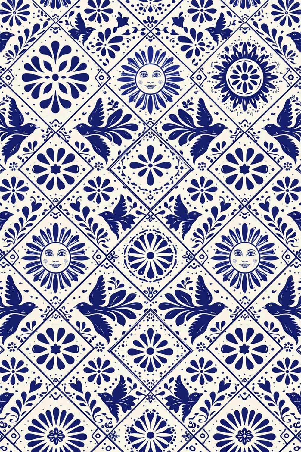 Blue and white geometric pattern with suns, flowers, and birds on a white background