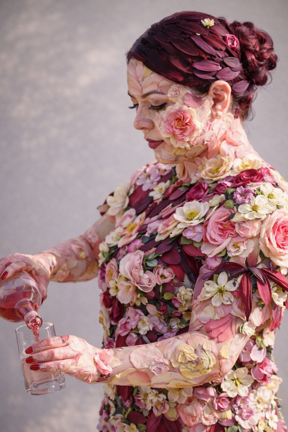 Person wearing a floral dress with flowers on their face, pouring a drink.