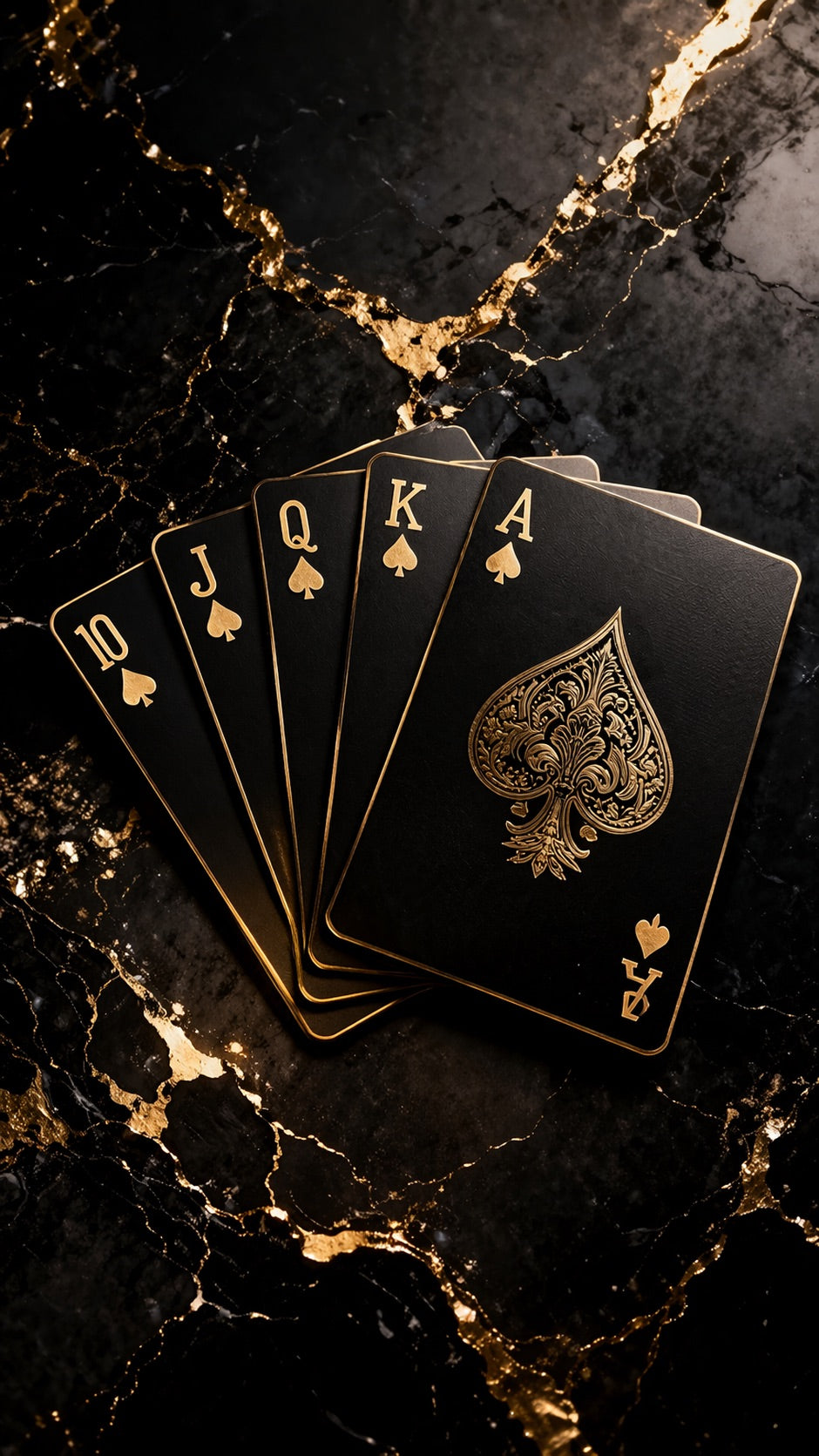 Black playing cards with gold symbols on a dark marble surface