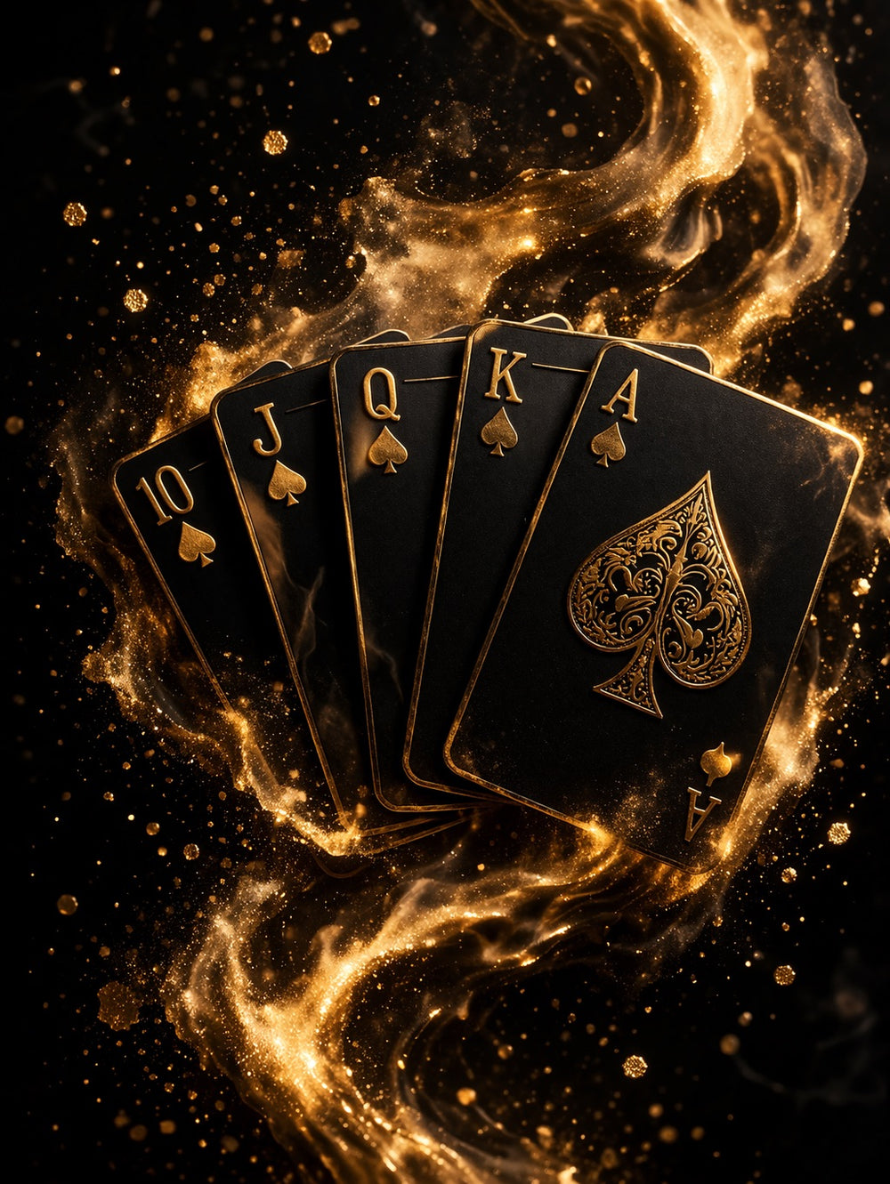 Black playing cards with gold symbols on a fiery background