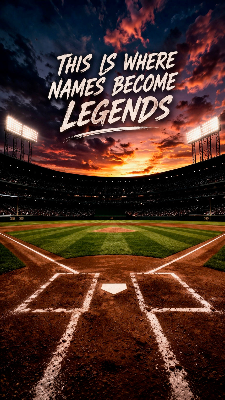 Baseball field with sunset sky and 'This is where names become legends' text