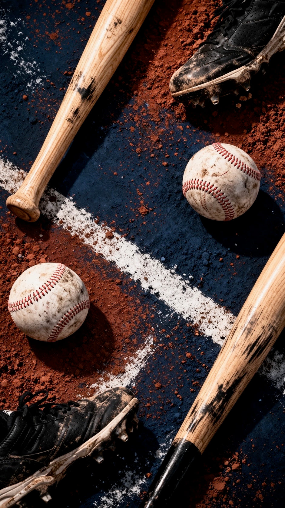 Baseball bats and balls on a dirt and chalk line background