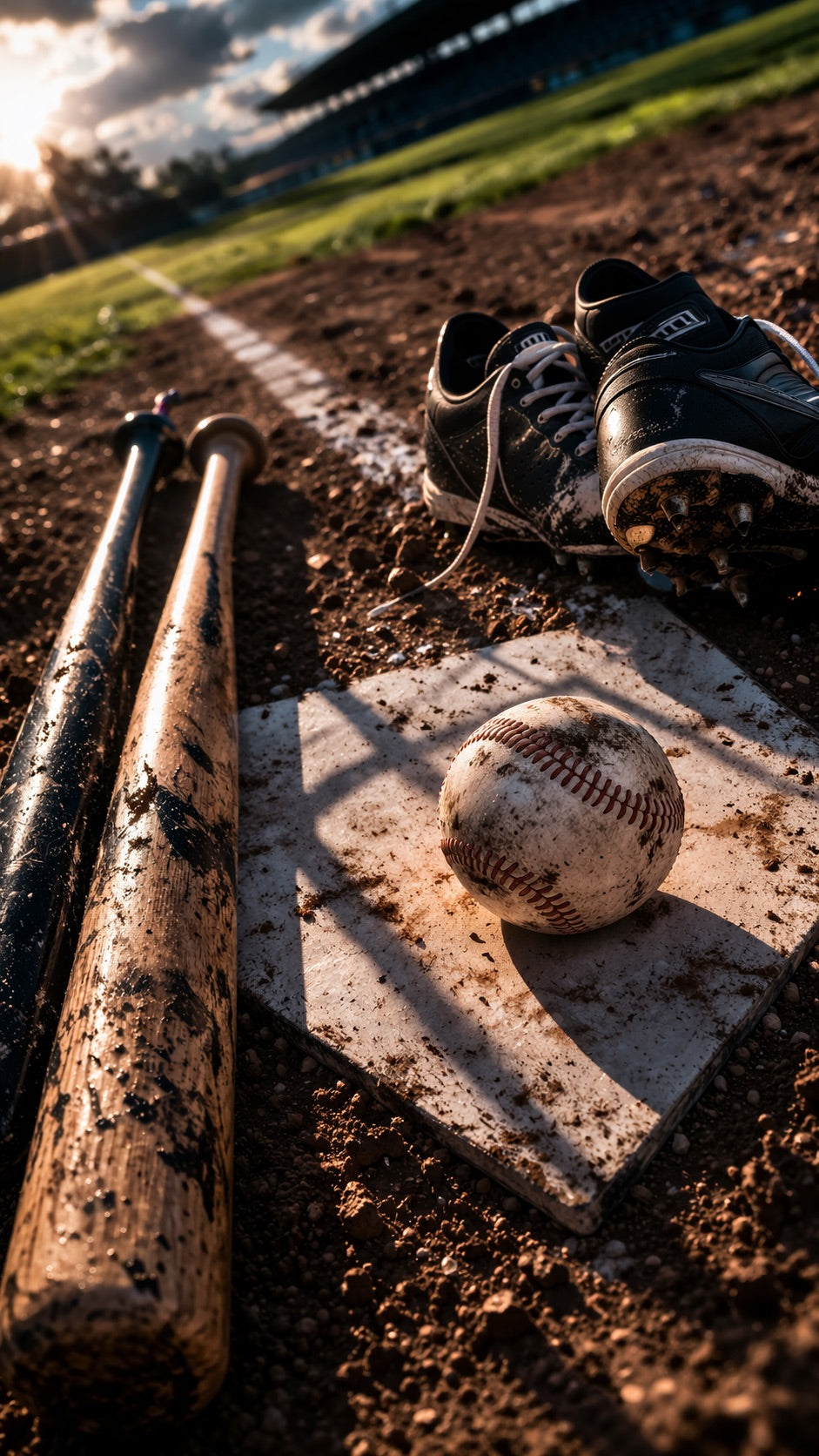 Baseball equipment including a ball, bats, and cleats on a baseball field with a sunset in the background.