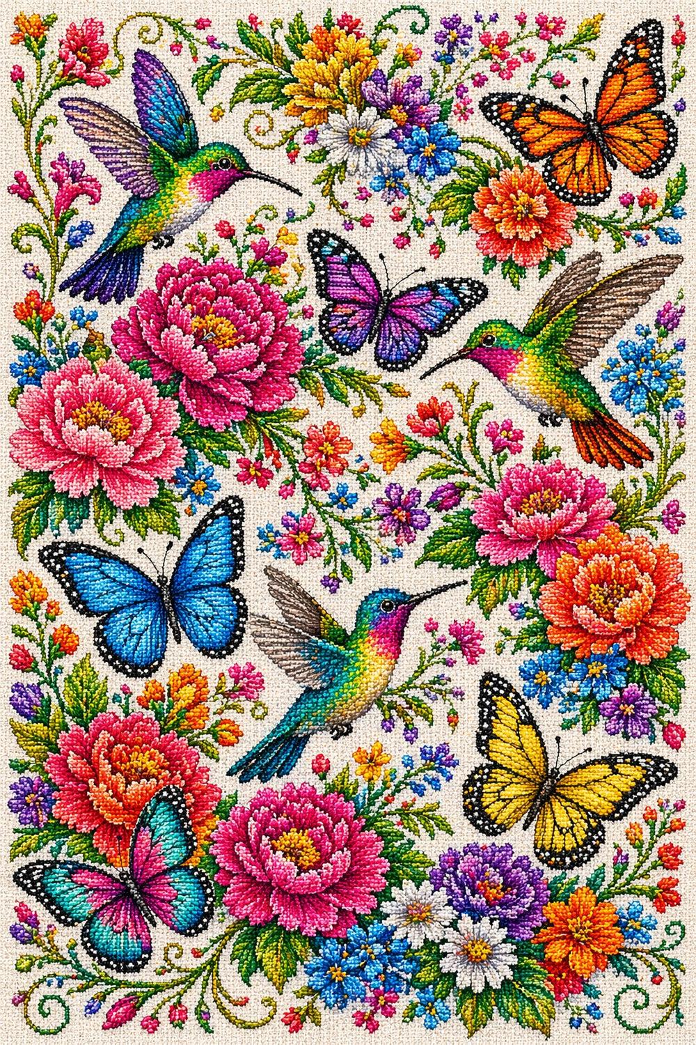 Colorful floral design with butterflies and hummingbirds