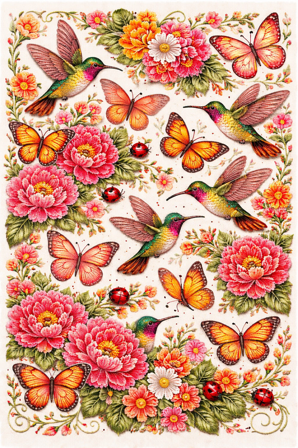 Colorful illustration of butterflies, hummingbirds, and flowers with a decorative border.