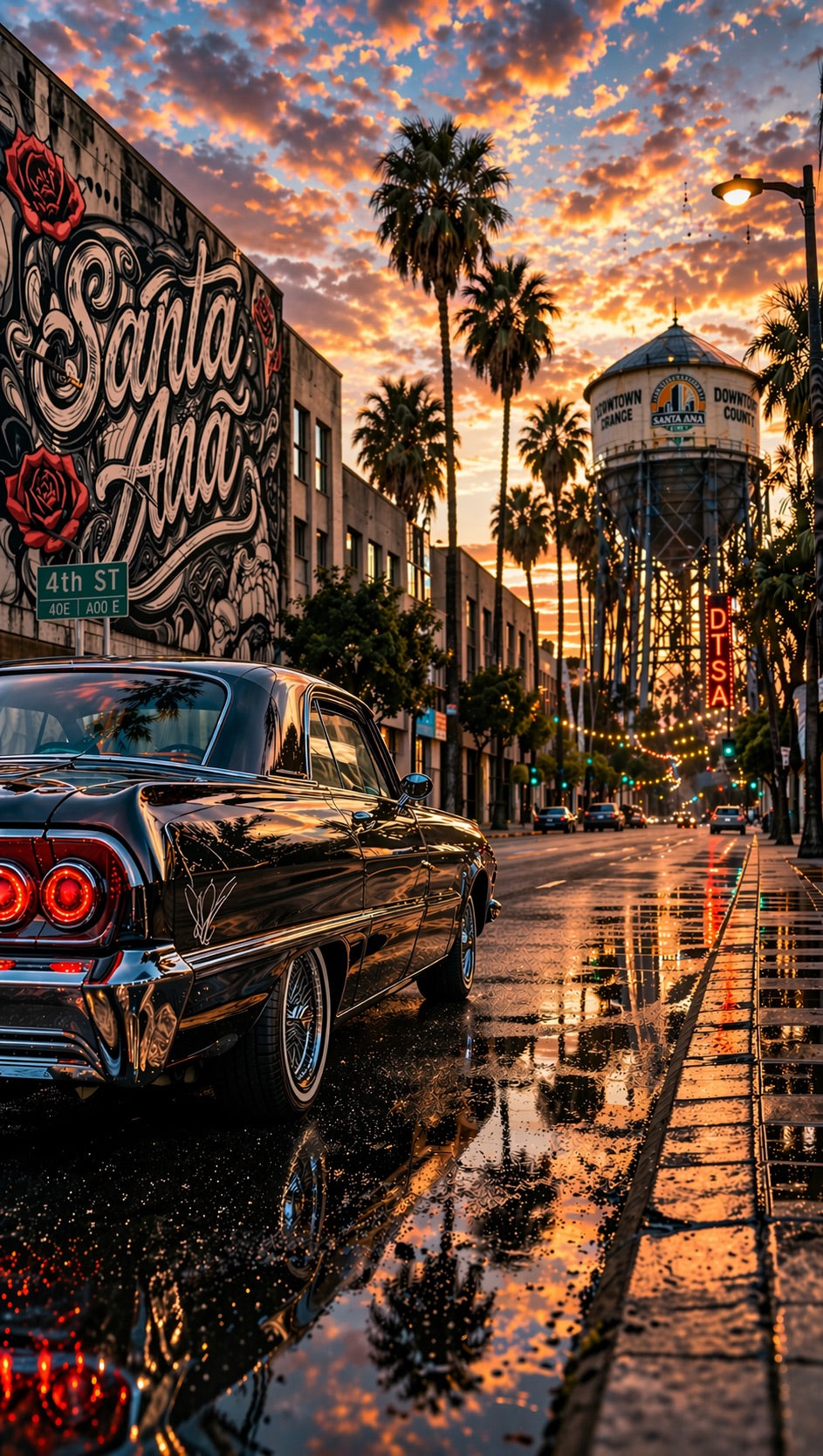 Vintage car on a city street with palm trees and a sunset sky.