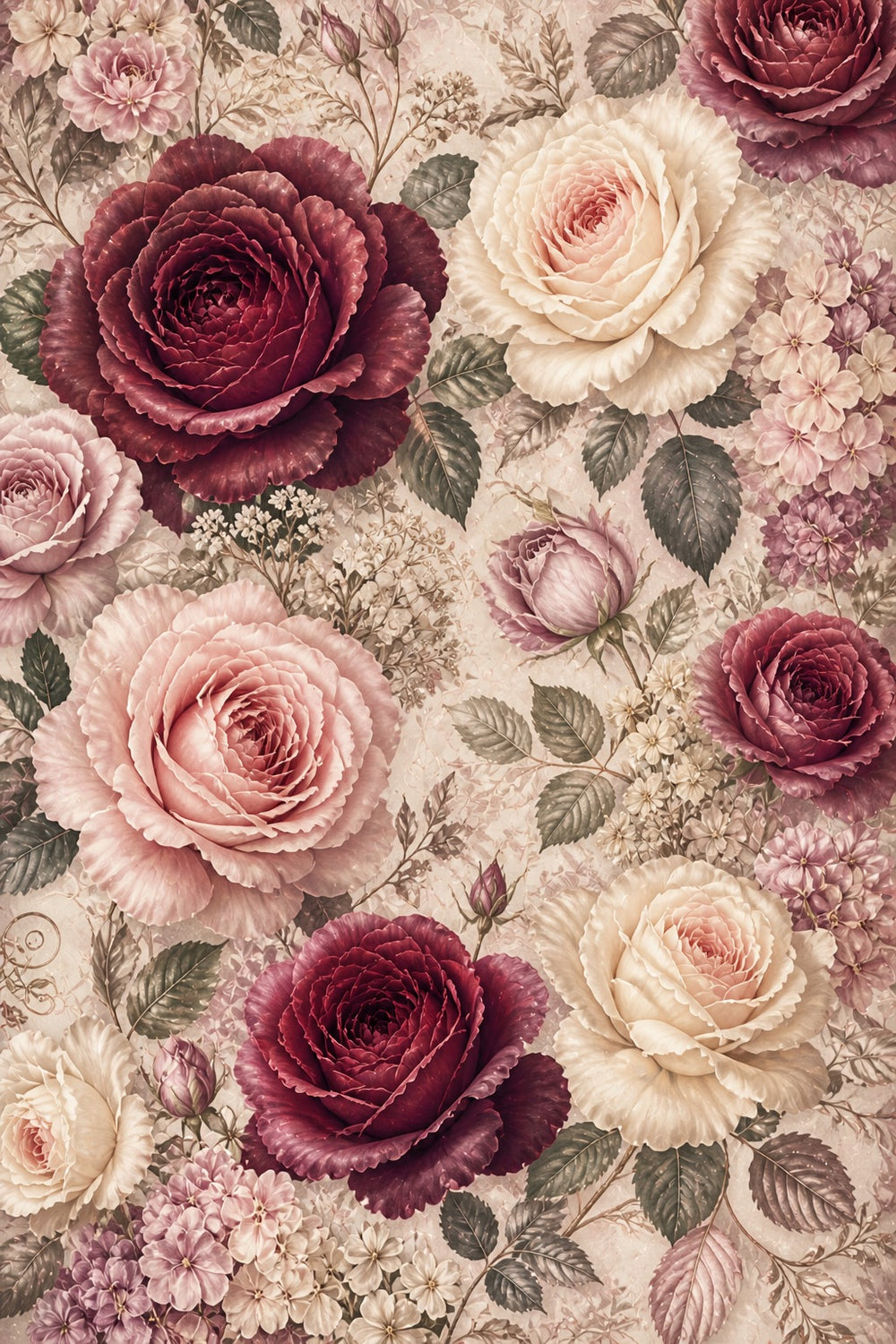 Vintage-style floral pattern with roses and other flowers on a textured background