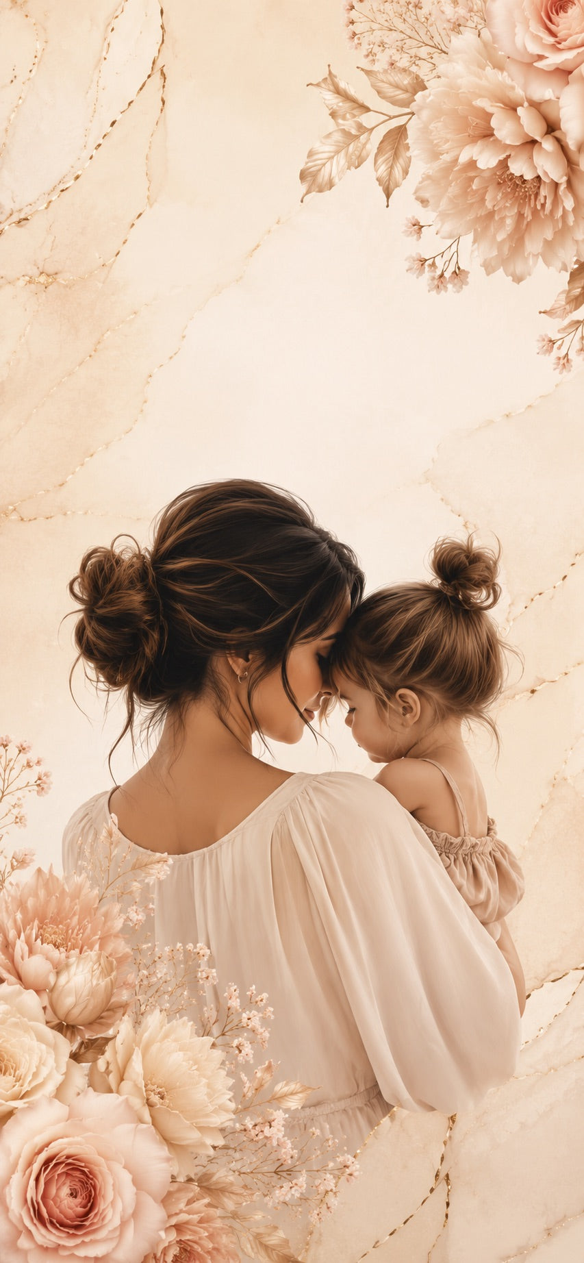 Woman and child embracing with floral decorations in the background