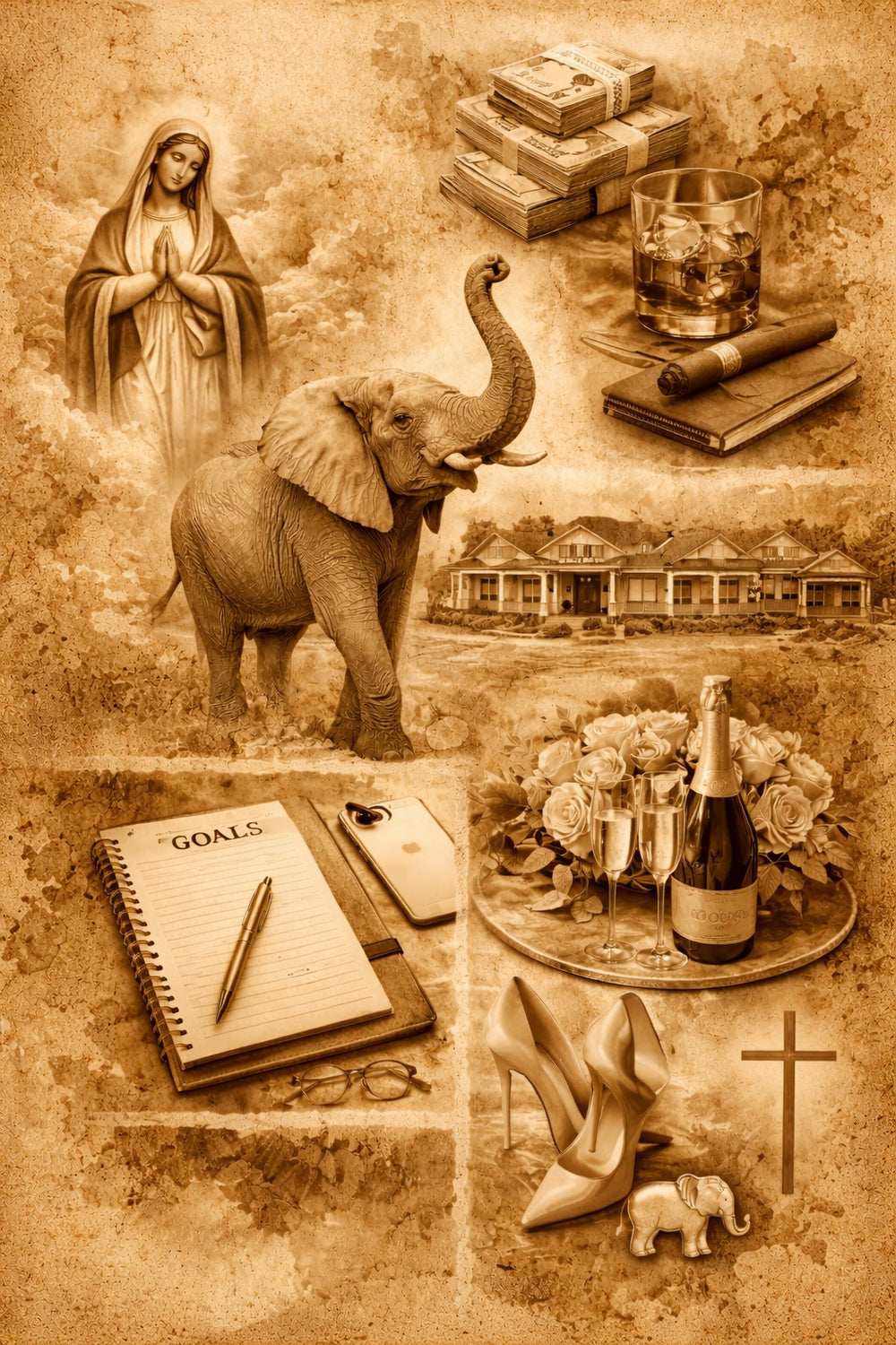 Collage of various objects including a woman, elephant, house, notebook, and cross on a textured background.