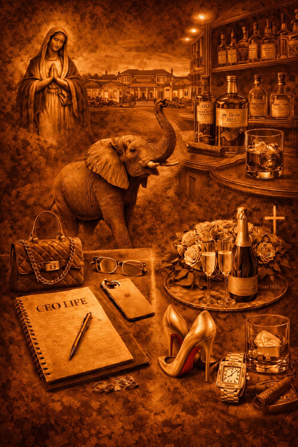 Decorative scene with elephant, bottles, and high heels on a table, featuring a sepia-toned color scheme.