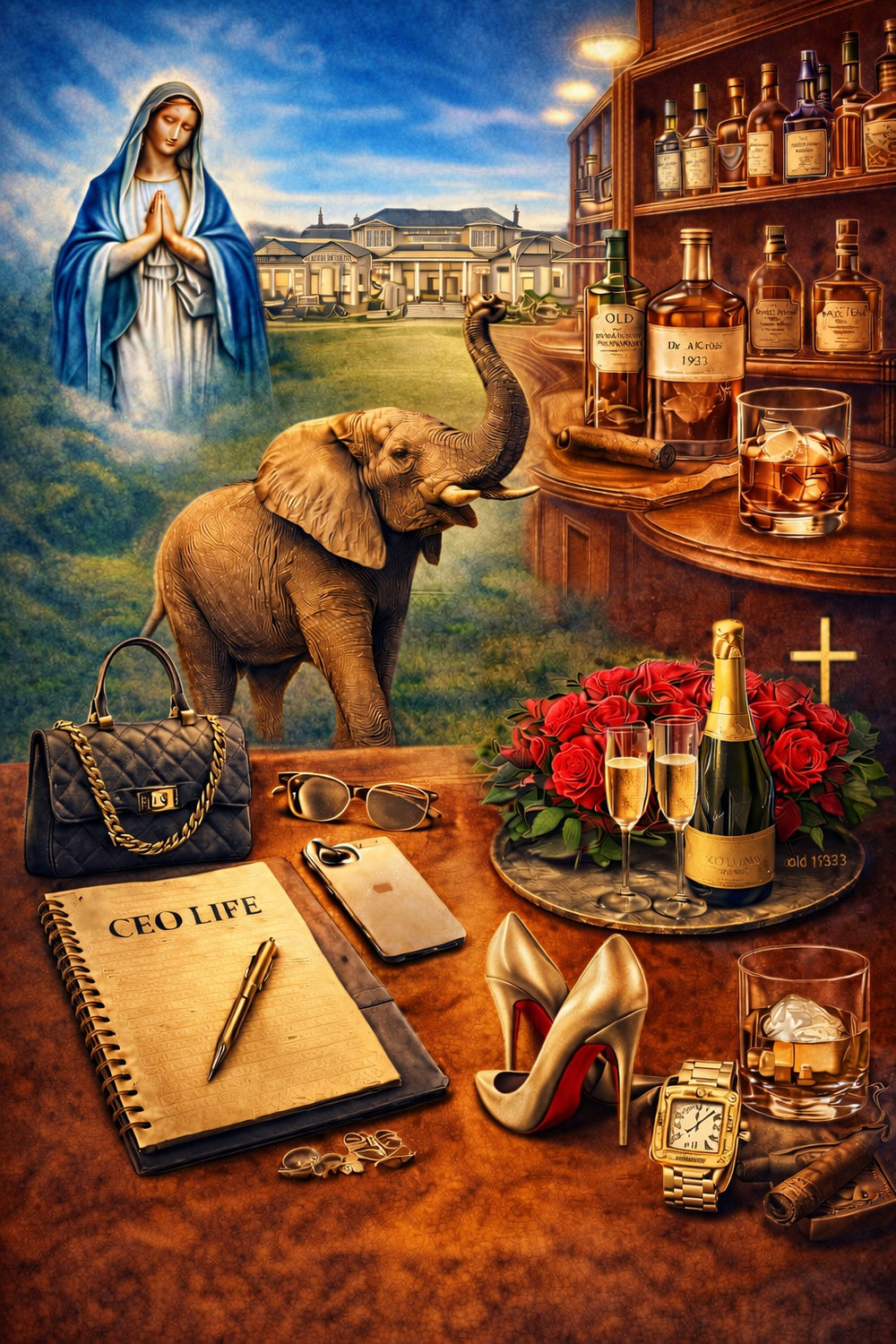 Table scene with elephant, bottles, and 'CEO Life' notebook with Mary in the background