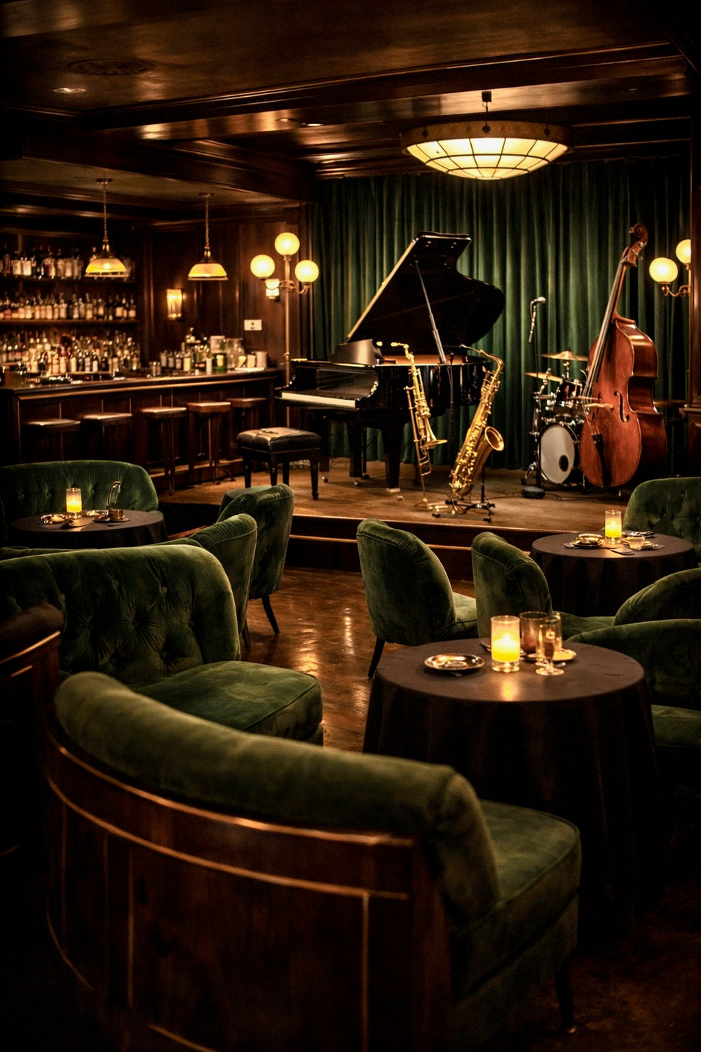 Dining area with green chairs, a piano, and musical instruments in a dimly lit room.