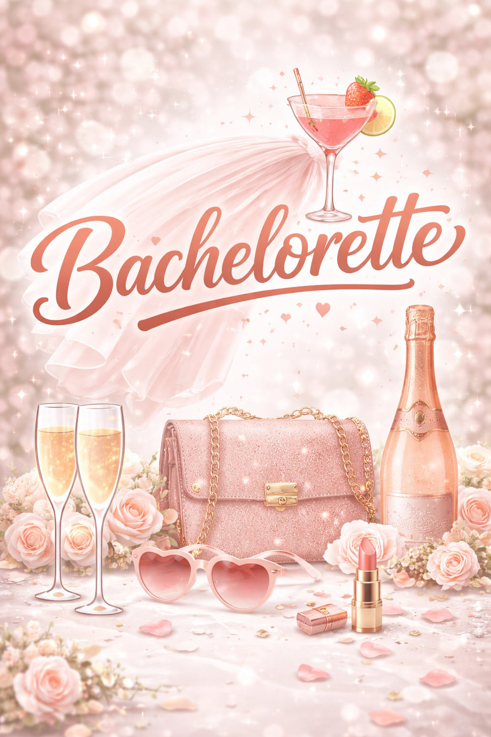 Bachelorette-themed design with a pink handbag, champagne bottle, and cocktail.