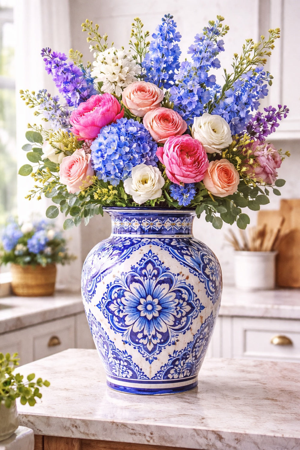 Decorative vase with floral arrangement on a kitchen counter