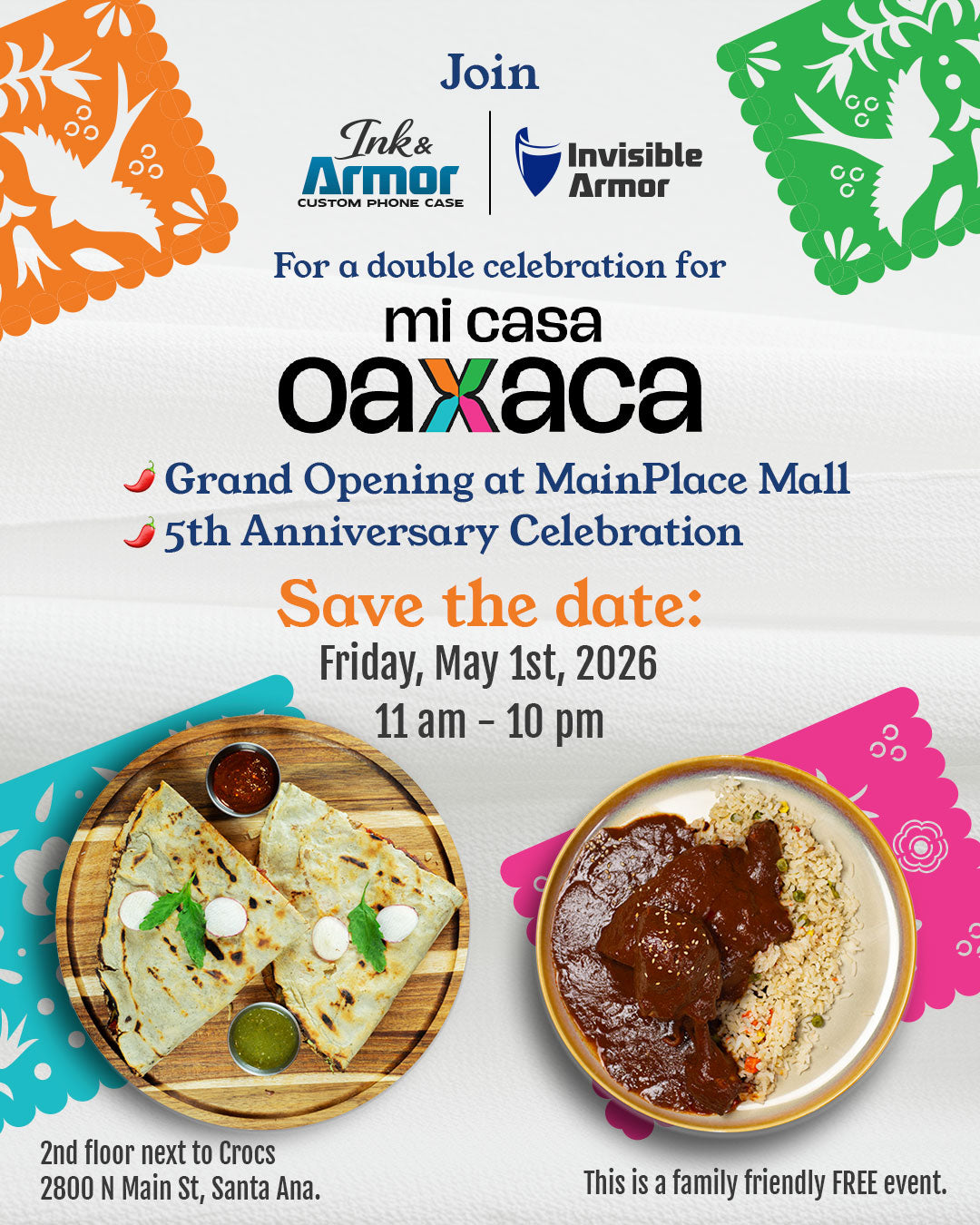 Promotional flyer for mi casa oaxaca event with food images and branding logos.
