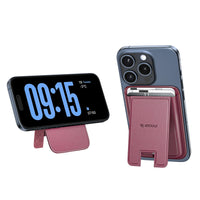 Dark blue iPhone 15 Pro with a dark red ESSOULX MagSafe wallet stand, shown horizontally displaying 09:15 and -2°C, and vertically revealing its triple camera and card slot