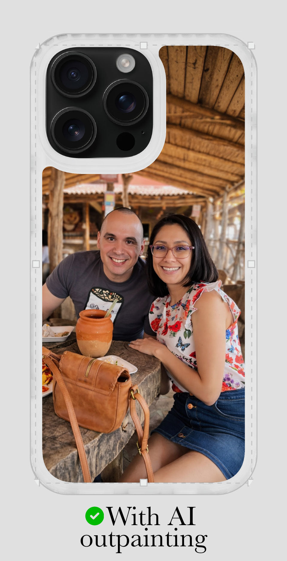 Phone case with a design of a couple sitting at a table outdoors, featuring AI outpainting text.
