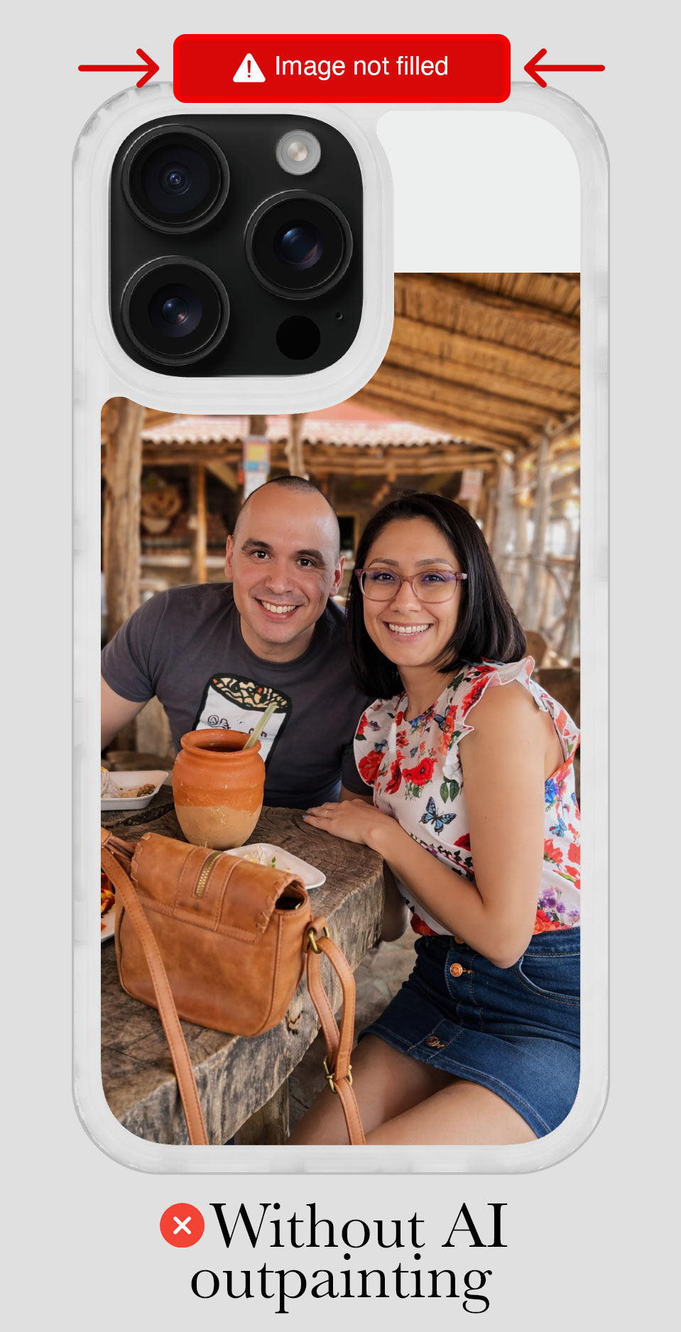 Phone case with a photo of a couple at a table, with text indicating AI outpainting feature.