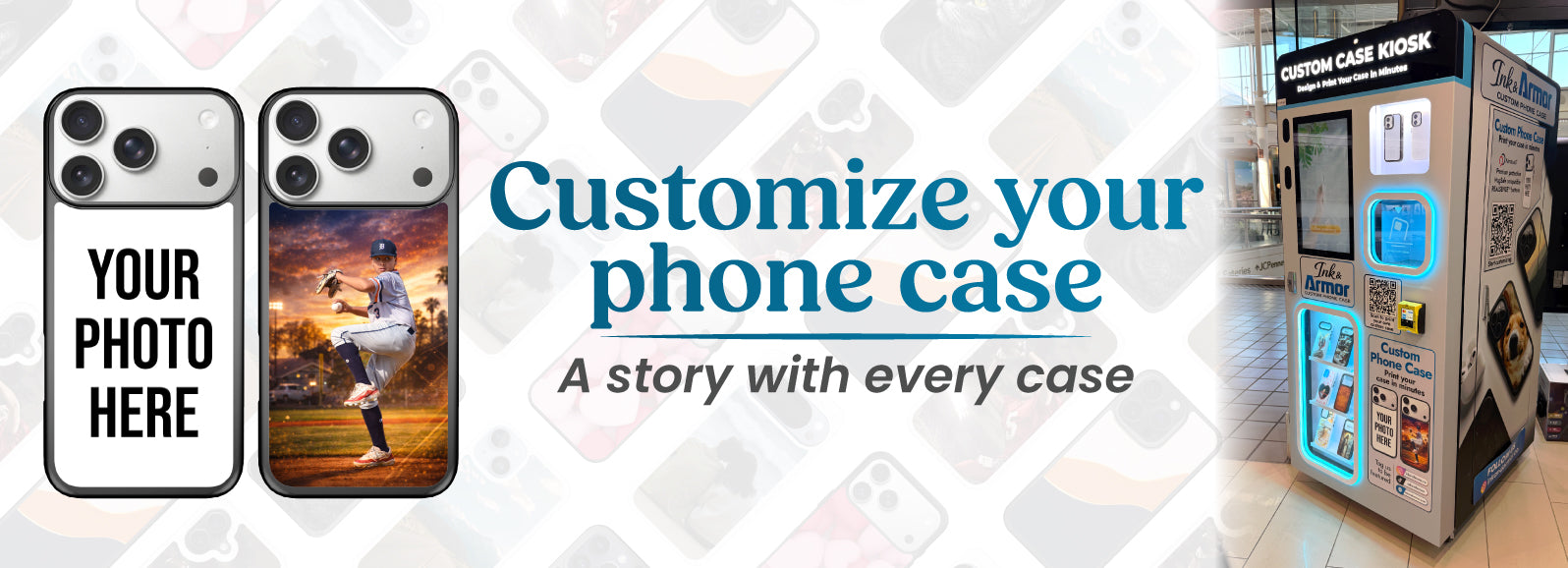 Promotional banner for phone case customization with a photo upload option and a kiosk in the background.