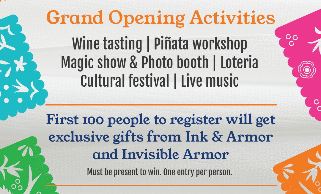 Promotional flyer for grand opening activities with colorful text and shapes.