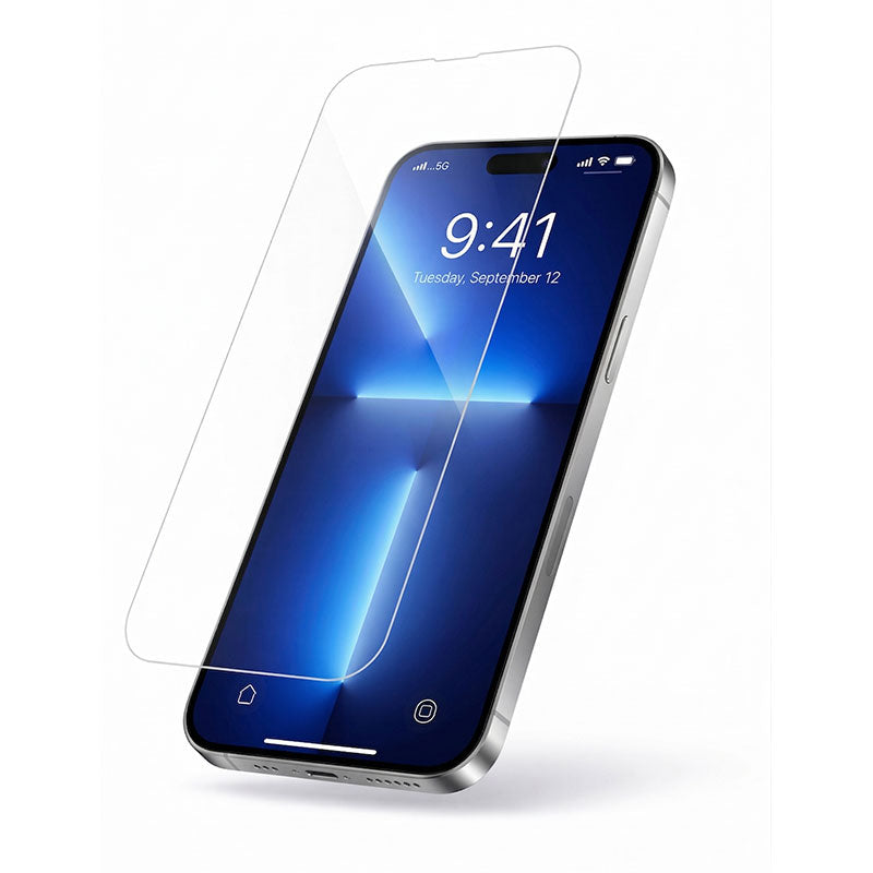 Silver iPhone 15 Pro with a clear glass screen protector hovering over its vibrant blue abstract wallpaper display featuring the time 9:41 Tuesday September 12